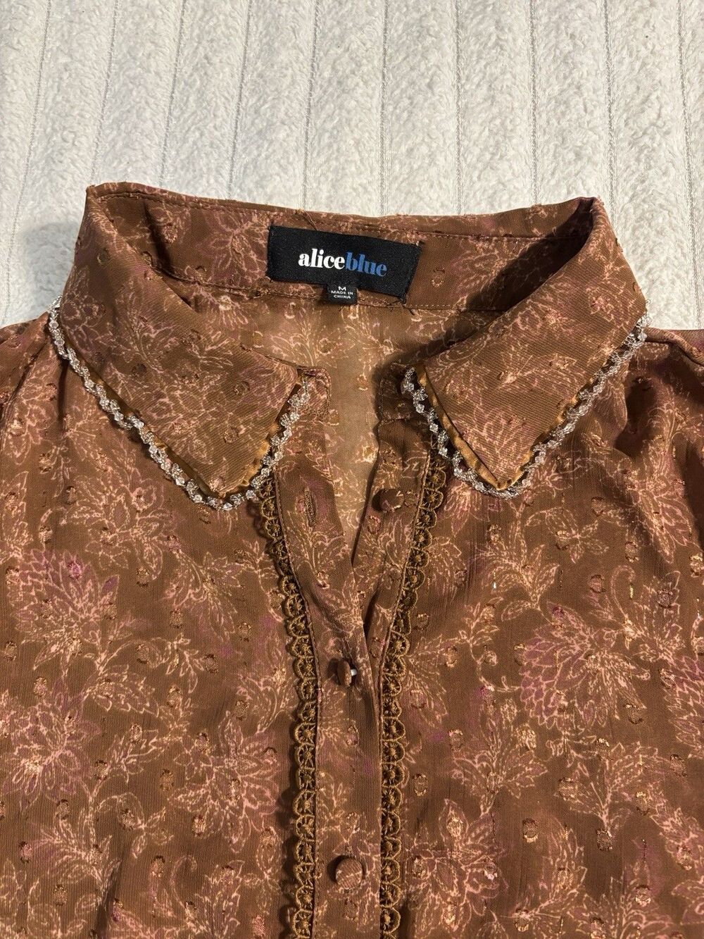 Alice Blue Romantic Beaded Collar Button Up Top Womens Medium Brown Sheer Floral